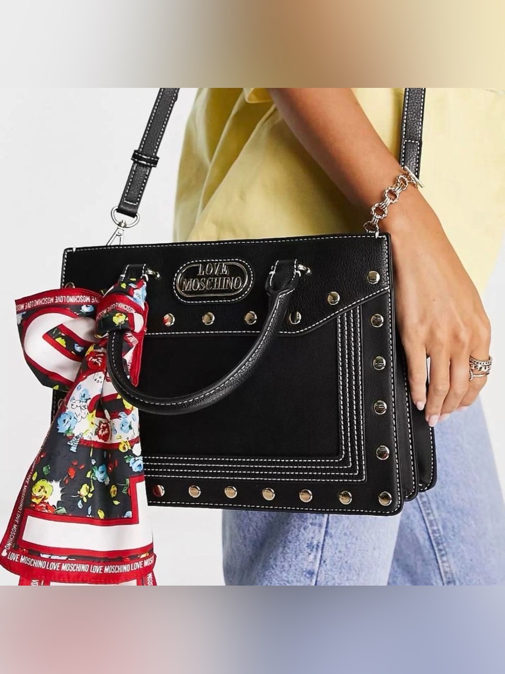Love Moschino Black Studded PU Top-Handle Satchel with Red Accent Scarf Shoulder